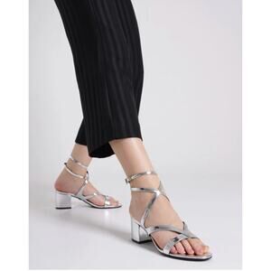 SCHUTZ New Stephanie Strappy Block Heel in Metallic Silver // 8